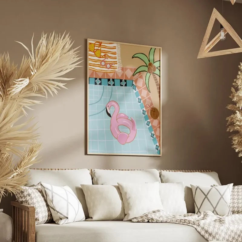 affiche britty flynn dun flamant rose gonflable dans une piscine avec un palmier salon.webp