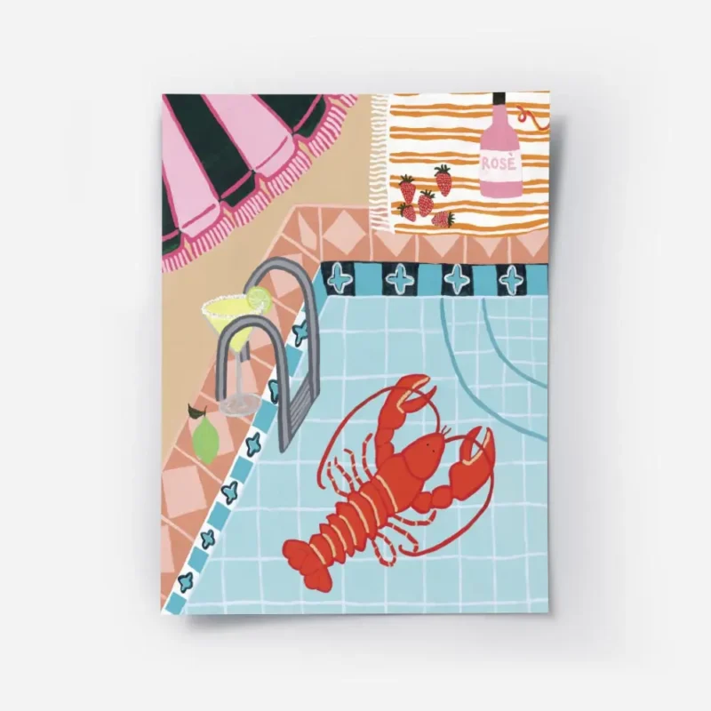 affiche britty flynn homard rouge dans une piscine bleue avec un cocktail et une.webp