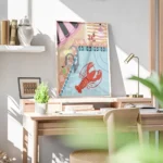 affiche britty flynn homard rouge dans une piscine bleue avec un cocktail et une bureau.webp