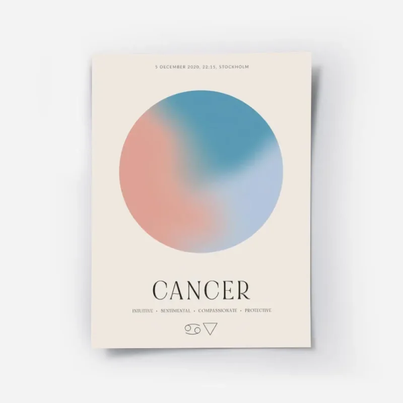 affiche cancer avec globe aura orange et bleu typographie noire et attributs du .webp