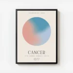 affiche cancer avec globe aura orange et bleu typographie noire et attributs du avec cadre.webp