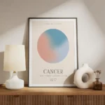 affiche cancer avec globe aura orange et bleu typographie noire et attributs du meuble.webp