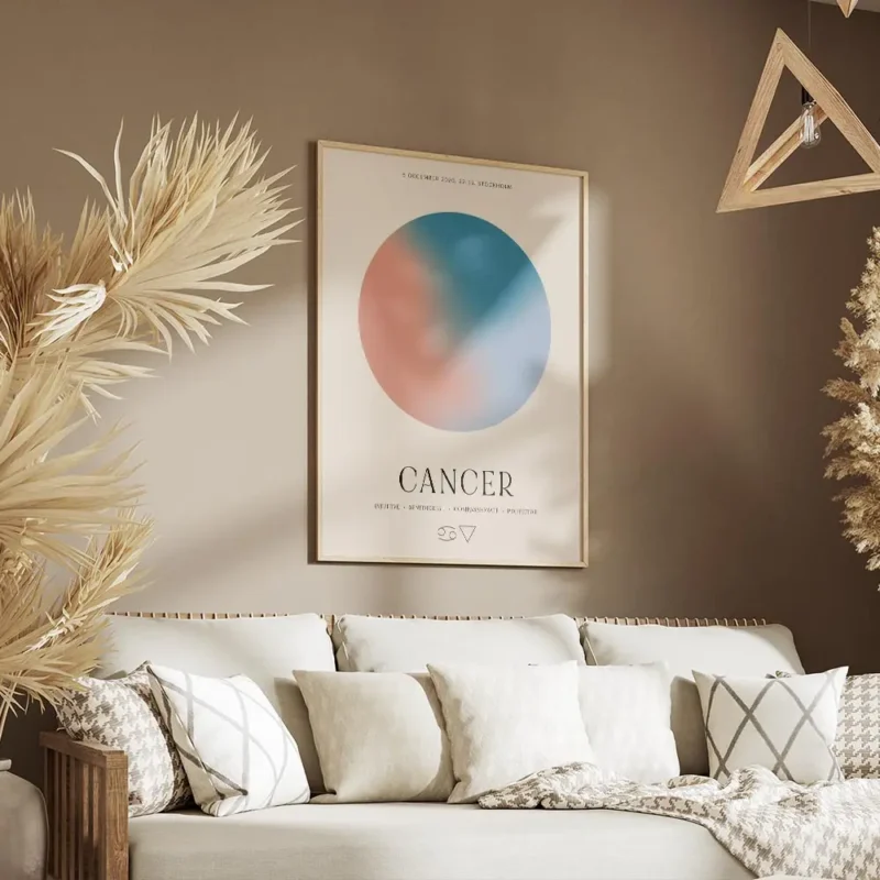 affiche cancer avec globe aura orange et bleu typographie noire et attributs du salon.webp