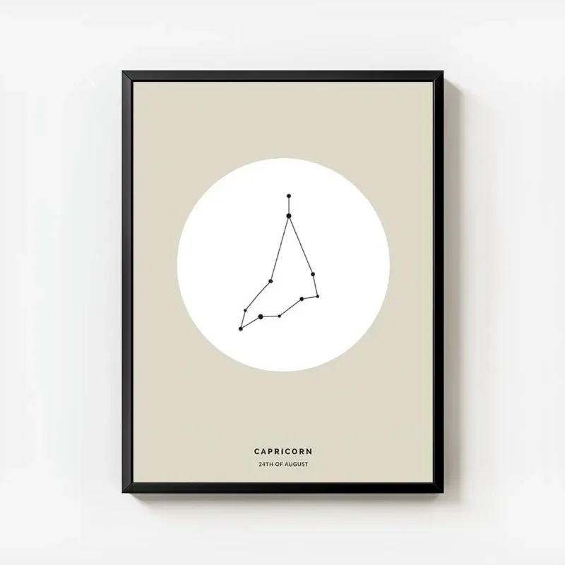 affiche capricorne beige avec illustration noire de la constellation et texte ty avec cadre.webp