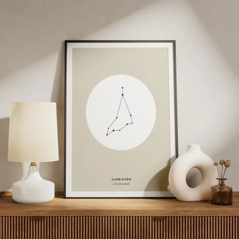 affiche capricorne beige avec illustration noire de la constellation et texte ty meuble.webp