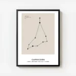 affiche capricorne beige illustration de la constellation en noir avec typograph avec cadre.webp