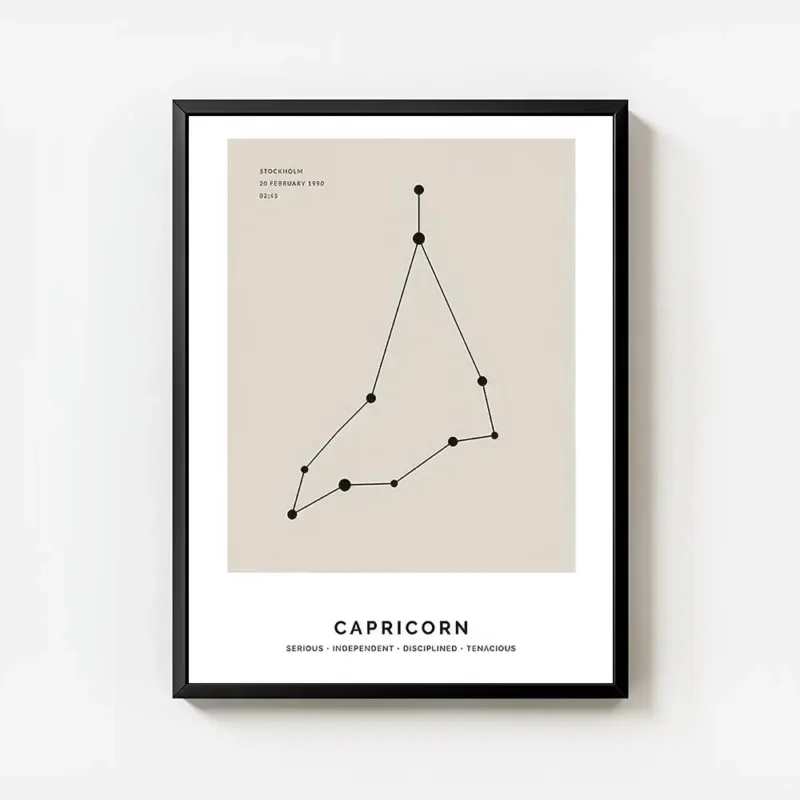 affiche capricorne beige illustration de la constellation en noir avec typograph avec cadre.webp