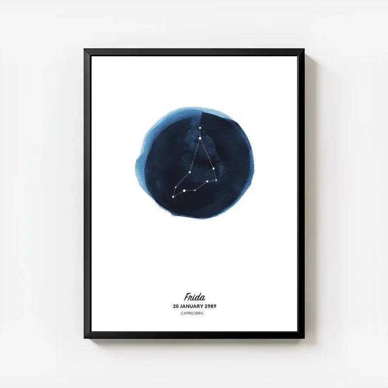affiche capricorne constellation blanche sur cercle toile aquarelle bleu texte n avec cadre.webp