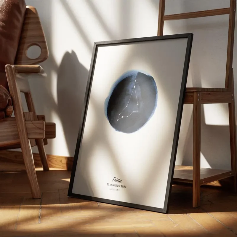 affiche capricorne constellation blanche sur cercle toile aquarelle bleu texte n encadre.webp