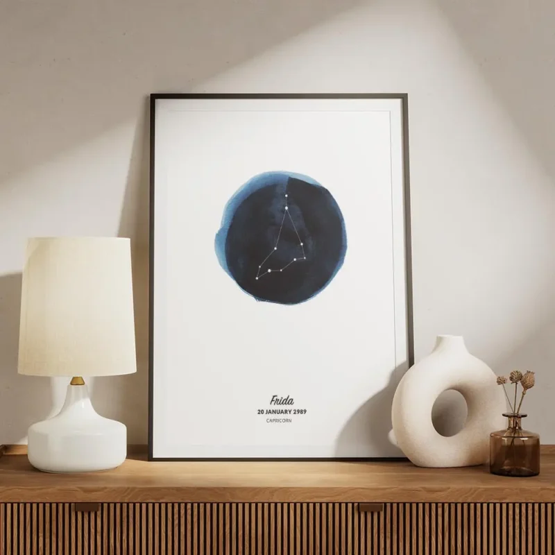 affiche capricorne constellation blanche sur cercle toile aquarelle bleu texte n meuble.webp