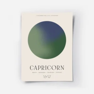 affiche capricorne personnalisee avec un globe bleu marine et vert texte et symb.webp