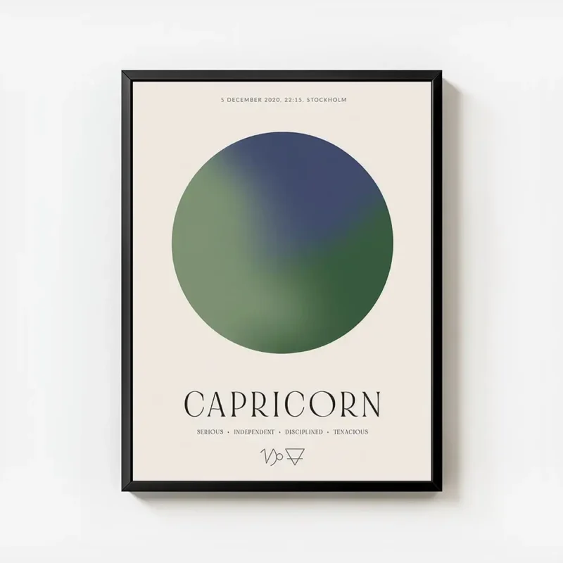 affiche capricorne personnalisee avec un globe bleu marine et vert texte et symb avec cadre.webp