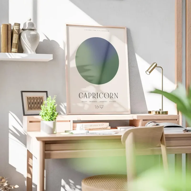 affiche capricorne personnalisee avec un globe bleu marine et vert texte et symb bureau.webp