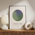 affiche capricorne personnalisee avec un globe bleu marine et vert texte et symb meuble.webp
