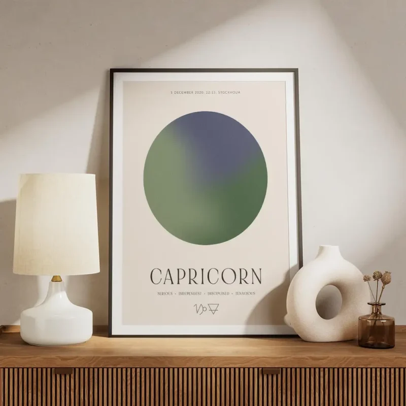 affiche capricorne personnalisee avec un globe bleu marine et vert texte et symb meuble.webp