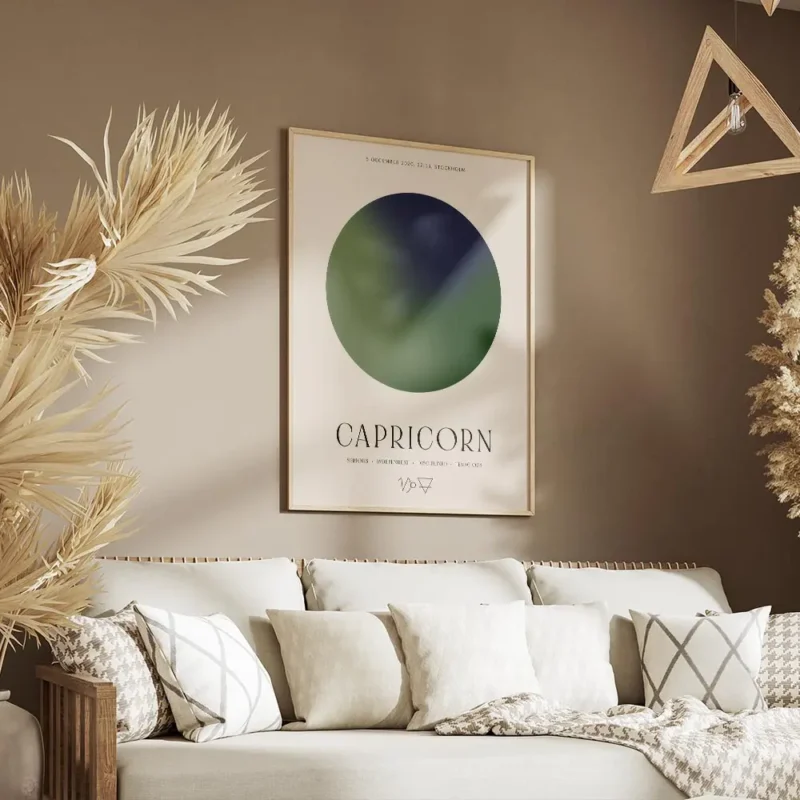 affiche capricorne personnalisee avec un globe bleu marine et vert texte et symb salon.webp