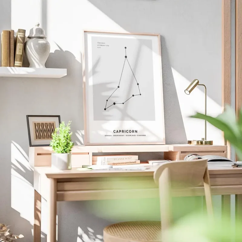 affiche capricorne personnalisee illustration du signe astrologique noir sur fon bureau.webp