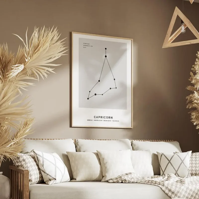 affiche capricorne personnalisee illustration du signe astrologique noir sur fon salon.webp