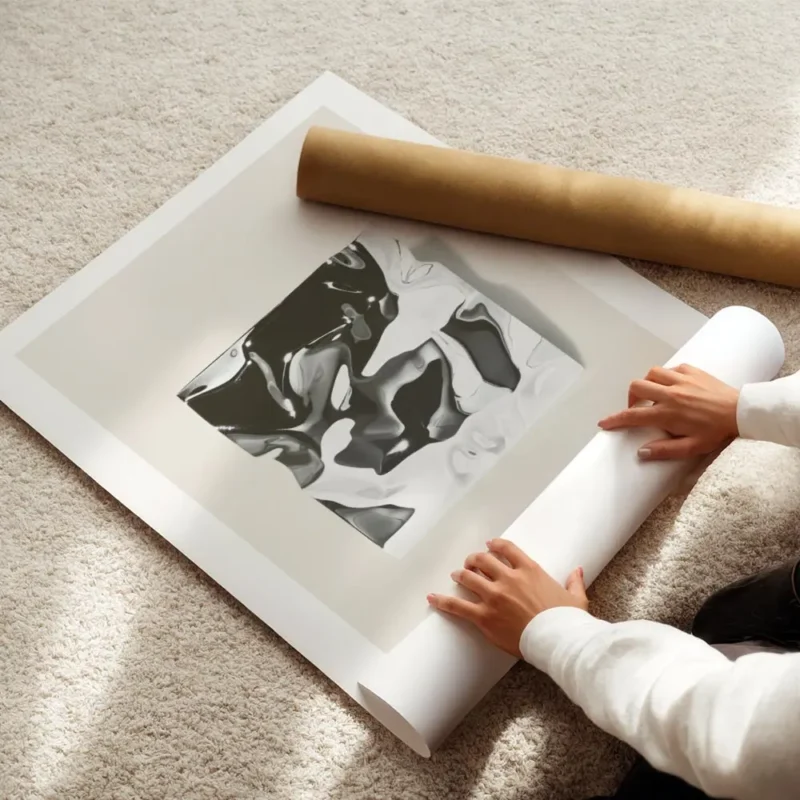 affiche carree metallique en tons de gris et blanc aux formes fluides et brillan enroule.webp