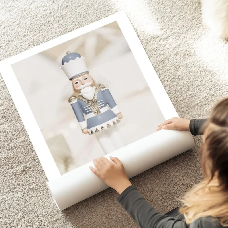 affiche casse noisette dore avec costume bleu pastel et beige accentue de paille au sol.webp