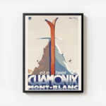 affiche chamonix vintage avec skis rouges croises devant une montagne enneigee a avec cadre.webp