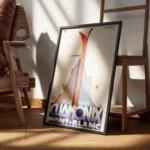 affiche chamonix vintage avec skis rouges croises devant une montagne enneigee a encadre.webp