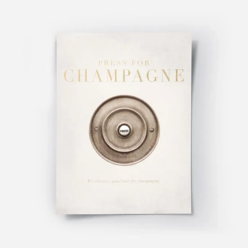 affiche champagne avec bouton en or et texte press for champagne sur un fond bei.webp
