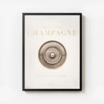 affiche champagne avec bouton en or et texte press for champagne sur un fond bei avec cadre.webp