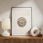 affiche champagne avec bouton en or et texte press for champagne sur un fond bei meuble.webp