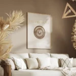 affiche champagne avec bouton en or et texte press for champagne sur un fond bei salon.webp
