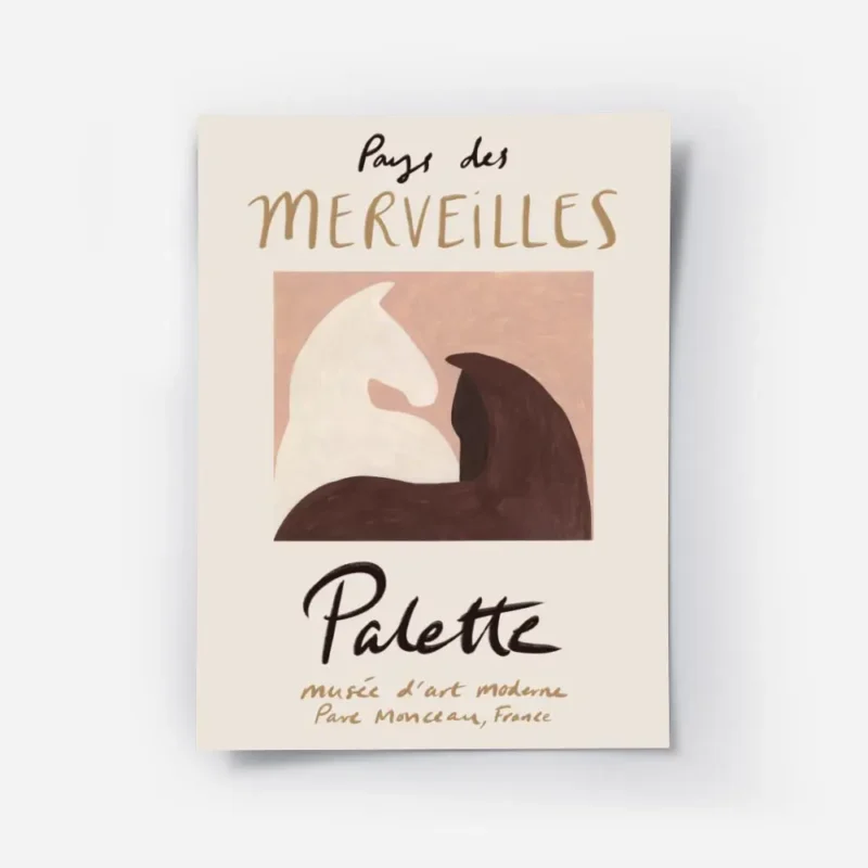 affiche chic de deux chevaux un blanc et un brun sur fond rose poudre avec le te.webp