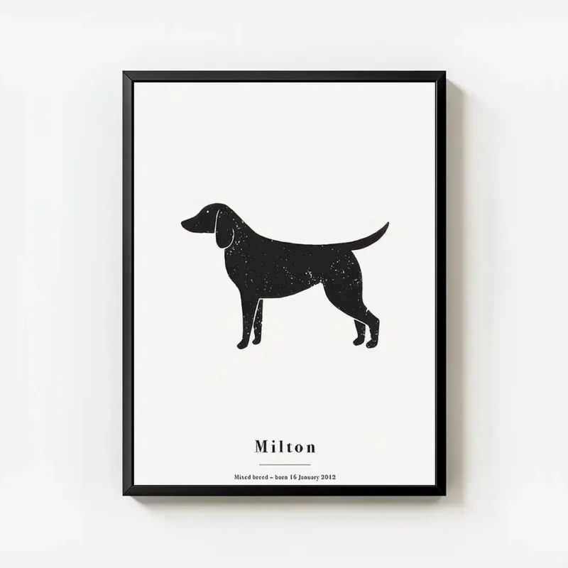 affiche chien personnalisee avec un chien noir et taches blanches sur fond gris avec cadre.webp