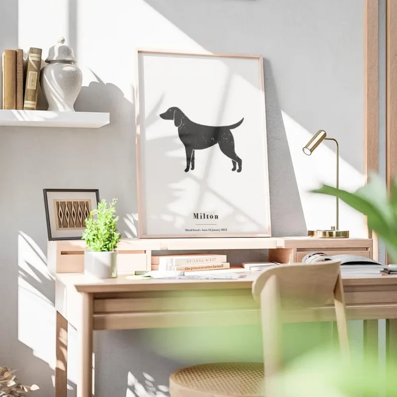 affiche chien personnalisee avec un chien noir et taches blanches sur fond gris bureau.webp