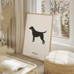 affiche chien personnalisee avec un chien noir et taches blanches sur fond gris salon beige.webp
