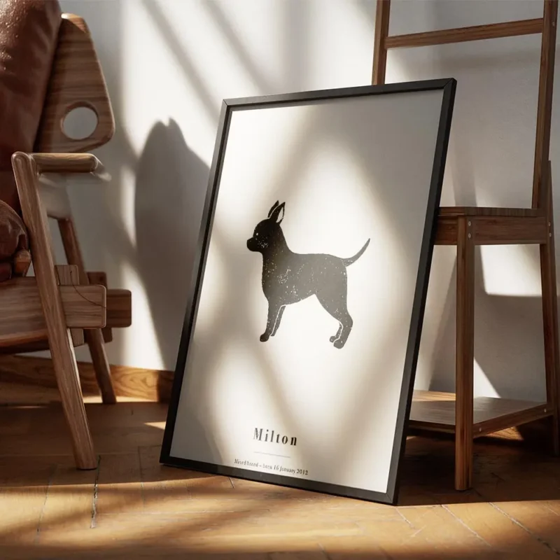 affiche chihuahua noir sur fond gris typographie milton encadre.webp