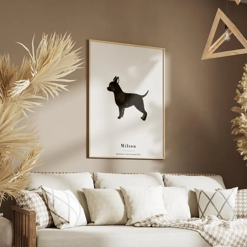 affiche chihuahua noir sur fond gris typographie milton salon.webp
