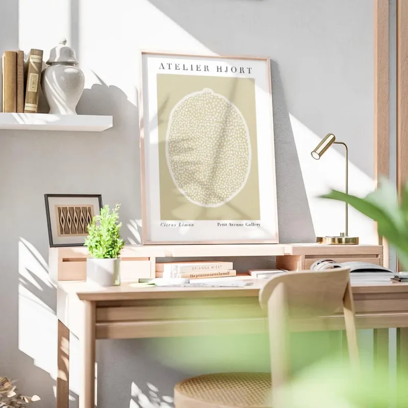 affiche citron decoratif illustration de citron avec des lignes blanches sur fon bureau.webp