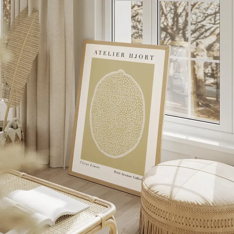 affiche citron decoratif illustration de citron avec des lignes blanches sur fon salon beige.webp
