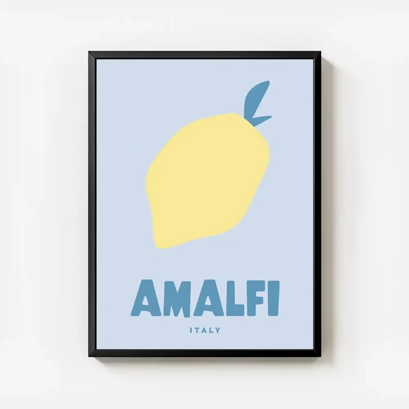 affiche citron jaune et bleu texte amalfi en typographie bleue avec cadre.webp