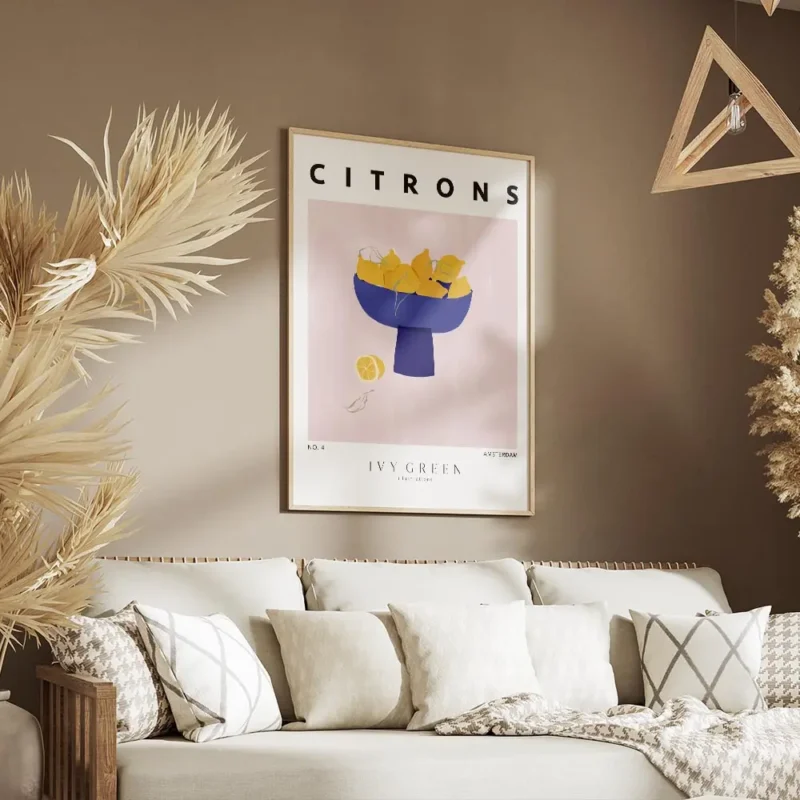 affiche citrons divy green illustration de citrons dans un bol bleu sur fond ros salon.webp
