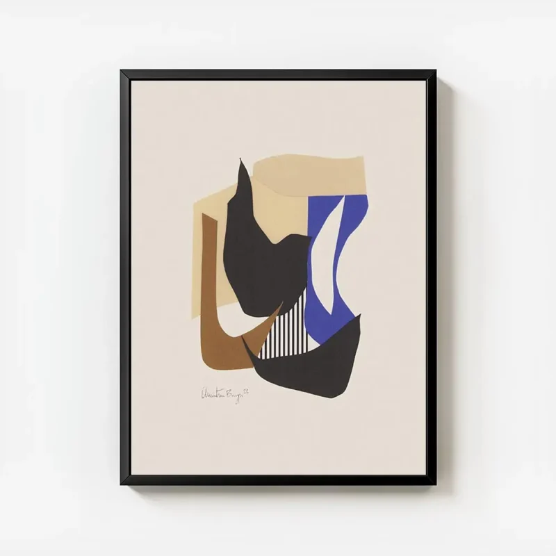 affiche collage de formes geometriques courbes aux couleurs terreuses et bleues avec cadre.webp