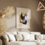 affiche collage de formes geometriques courbes aux couleurs terreuses et bleues salon.webp