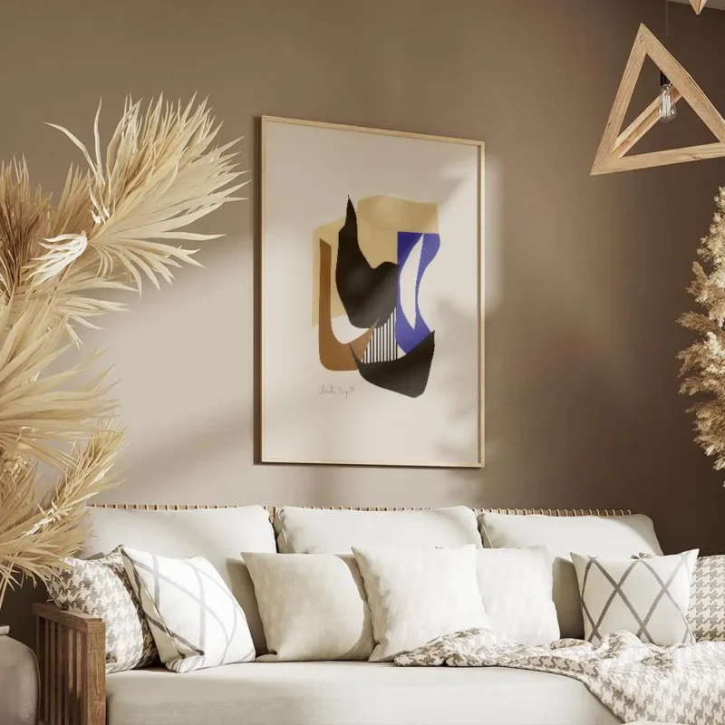 affiche collage de formes geometriques courbes aux couleurs terreuses et bleues salon.webp