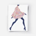 affiche coloree audacieuse dune femme en robe a motifs marchant en talons hauts .webp
