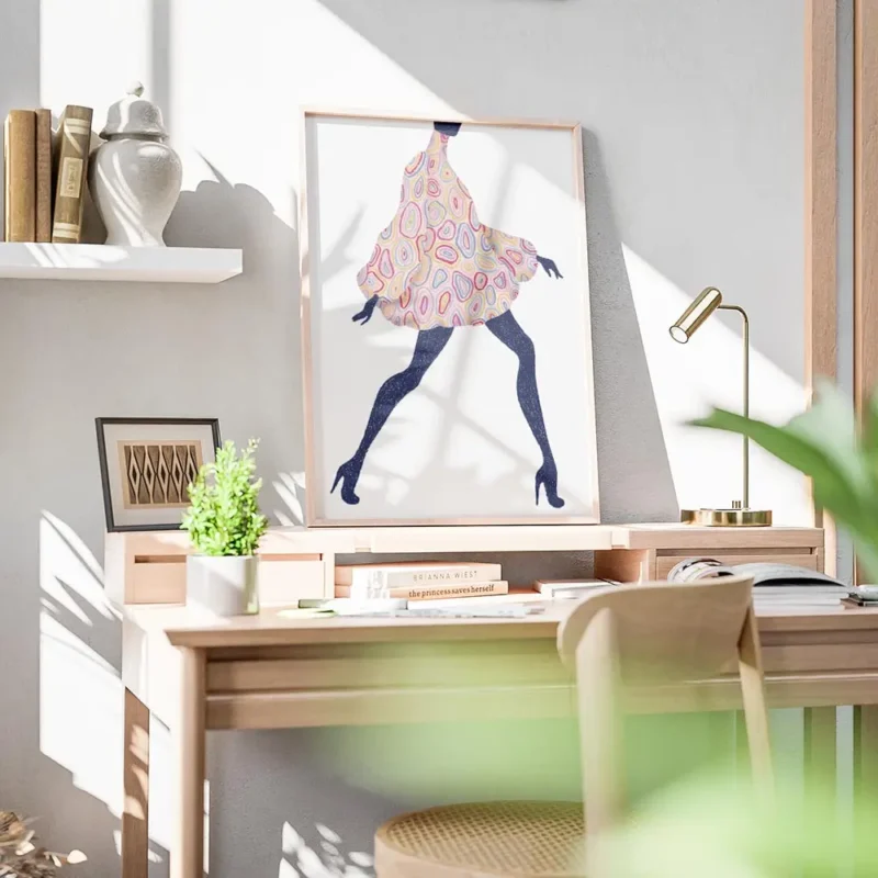 affiche coloree audacieuse dune femme en robe a motifs marchant en talons hauts bureau.webp