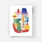 affiche coloree avec figure abstraite composee de mains dyeux et de traits de vi.webp