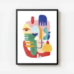 affiche coloree avec figure abstraite composee de mains dyeux et de traits de vi avec cadre.webp