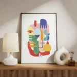 affiche coloree avec figure abstraite composee de mains dyeux et de traits de vi meuble.webp