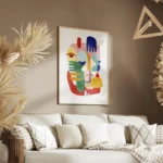 affiche coloree avec figure abstraite composee de mains dyeux et de traits de vi salon.webp