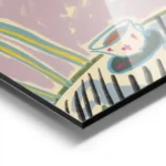 affiche coloree avec tasse de cafe sur une table feuillage vert et rose et fruit aluminium.webp